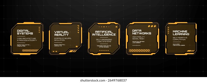 Vetor de moldura de caixa de texto cifi escuro futurista com sistemas digitais e conceito de inteligência artificial.