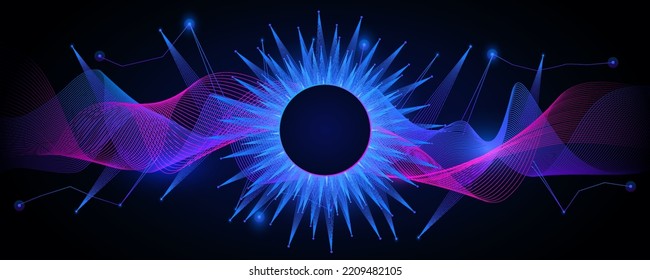 Futuristic dark sun on techno mesh waves background. Purple digital stream with neon beams and dynamic vector streaks