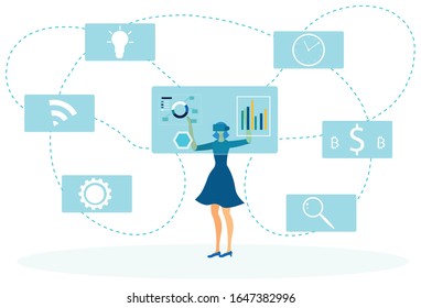 Futuristic Data Analysis Flat Vector Illustration. Young Businesswoman in VR Headset Cartoon Character. Financial Analyst Working with Interactive Interfaces. Business Research in Augmented Reality