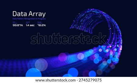 Futuristic data array visualization with flowing particle waves and digital interface representing big data analysis, pattern recognition, artificial intelligence, machine learning vector background