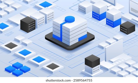 Futuristic Data Center with interconnected servers, storage units, and network components. Highlighting high-tech infrastructure, digital transformation, and advanced computing technology.