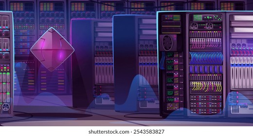 Interior futurista de la sala de servidores del centro de datos con equipos brillantes de neón. Entorno púrpura con forma de robot geométrico flotando entre bastidores con pantallas de monitor iluminadas, sistema de refrigeración y cables