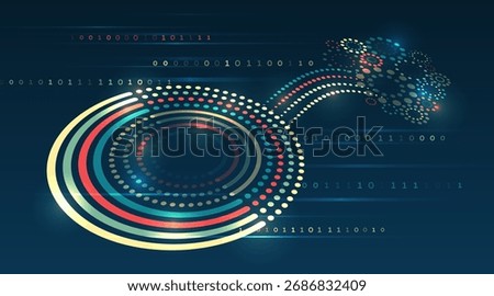 Futuristic data flow illustration with colorful circular patterns and binary code on a dark background. Concept of artificial intelligence, big data, and digital technology.
