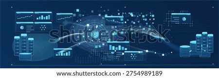 Futuristic data flow network illustration with glowing dashboards, servers, database clusters, analytics panels, and streaming connections around a central digital hub on dark blue background.