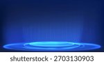 Futuristic data podium display with 3D holographic background technology. Blue neon platform with digital tech elements and AI interface. Modern stage with circular light effects for product showcase.
