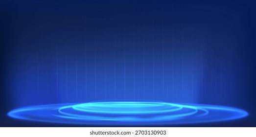 Pantalla de podio de datos futuristas con tecnología de fondo holográfico 3D. Plataforma de neón azul con Elementos tecnológicos digitales e interfaz de IA. Escenario moderno con efectos de luz circular para el escaparate del producto.