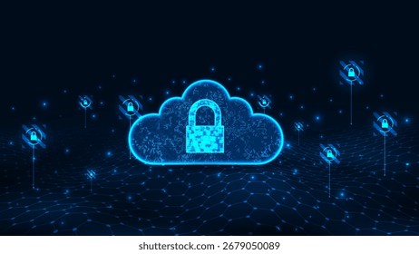 Futuristic data security with cloud connection concept. Wave line hexagon pattern abstract digital technology background