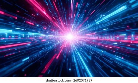 Futuristic Data Stream. Explosive Sci-Fi Motion. Neon Glowing Trails in Hyper-Speed. Space Travel Concept Wallpaper.