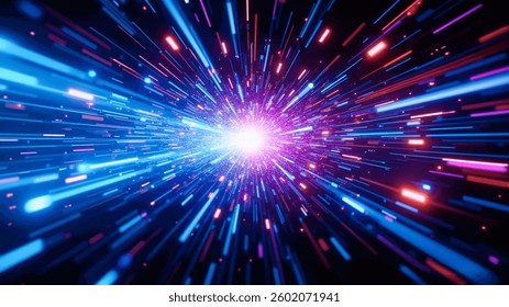 Futuristic Data Stream. Explosive Sci-Fi Motion. Neon Glowing Trails in Hyper-Speed. Space Travel Concept Wallpaper.