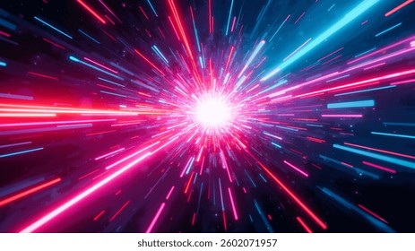 Futuristic Data Stream. Explosive Sci-Fi Motion. Neon Glowing Trails in Hyper-Speed. Space Travel Concept Wallpaper.