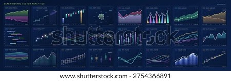 Futuristic data visualization dashboard set with colorful neon charts, graphs, bars, waves, radar, and analytics panels in a dark blue interface style for UI and infographic design.