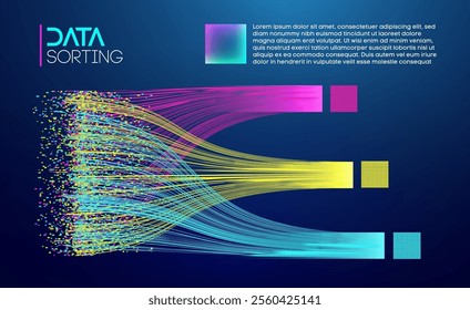 Futuristic data visualization with multi-colored organized flow patterns and blocks.