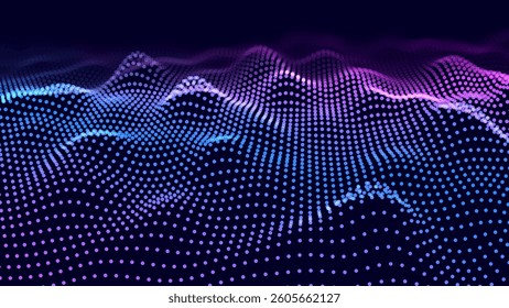 Futuristic Data Wave Landscape with Neon Dots and Digital Grid. AI, Technology, Big Data, and Cyber Themes. Vector Illustration.