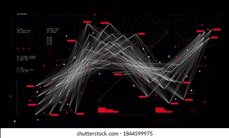 Futuristic database sorting and analysis system, complex visualization of information network and connections, vector illustration