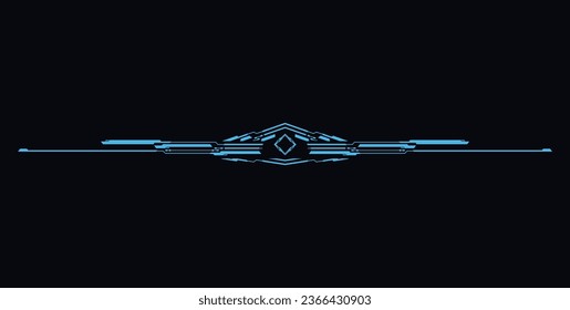 Futuristic decorative horizontal line, vector illustration for web design isolated on black background. Neon game element for ui interface, digital sci fi drawing. Unusual stripe in blue color.