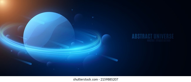 Futuristic Deep Space Background. Falling Meteorite. Abstract Planet Saturn With With Sun Glow. Modern Cover For Your Science Design. Vector Illustration. EPS 10