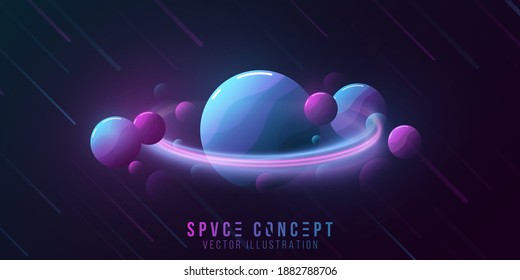 Futuristic deep space concept in a minimalist style. The fall of meotrites against the background of a dark sky. Abstract purple and blue planets and glowing ring. Vector illustration. EPS 10