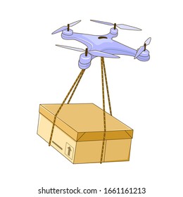 futuristic delivery service drone. automatic robotic quadcopter delivers post package to destination. Technological shipment innovation. drone carrying cardboard box. isolated vector illustration