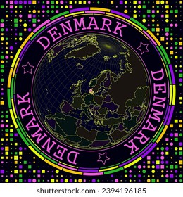 Futuristic Denmark on globe. Bright neon satelite view of the world centered to Denmark. Geographical illustration with shape of country and geometric background. Stylish vector illustration.