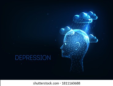 Futuristic depression, mental health disorders concept with glowing low polygonal human had and storm clouds on dark blue background. Modern wireframe mesh design vector illustration.