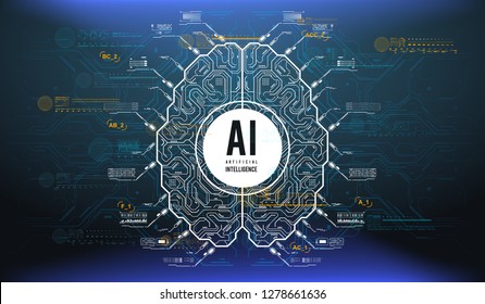 Futuristic Design Of An Artificial Intelligence Brain With Futuristic Hud Elements. Abstract Glowing Colorful Digital Brain With Circuit Background. AI And Technology Concept.