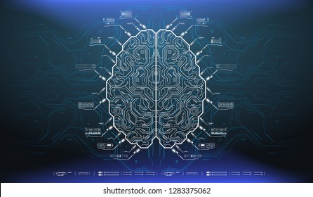 Futuristic Design Of An Artificial Intelligence Brain With Futuristic Hud Elements. Abstract Glowing Colorful Digital Brain With Circuit Background. AI And Technology Concept.