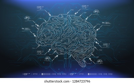 Futuristic design of an Artificial Intelligence brain with futuristic hud elements. Abstract glowing colorful digital brain with circuit background. AI and technology concept.