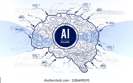 Futuristic Design Of An Artificial Intelligence Brain With Futuristic Hud Elements. Abstract Glowing Colorful Digital Brain With Circuit Background. AI And Technology Concept.