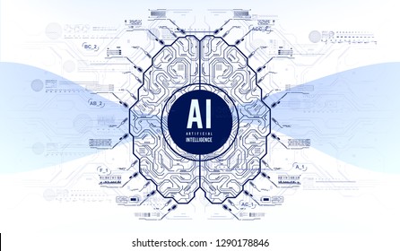 Futuristic design of an Artificial Intelligence brain with futuristic hud elements. Abstract glowing colorful digital brain with circuit background. AI and technology concept.