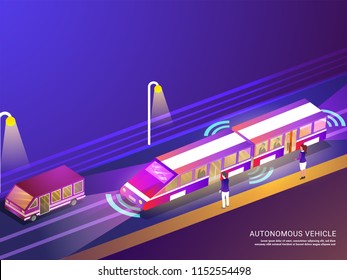 Futuristic design for Autonomous Vehicle concept with isometric smart city illustration. Responsive landing page design.