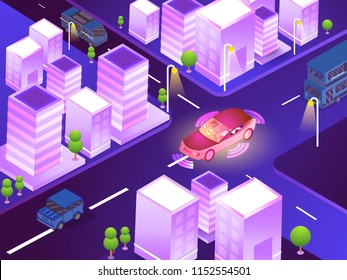 Diseño futurista para el concepto de vehículo autónomo, plantilla web con ilustración isométrica de vehículos inteligentes en el paisaje urbano.