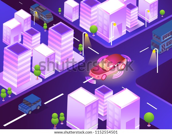 Futuristic design for Autonomous Vehicle\
concept, web template with isometric illustration of smart vehicles\
on urban landscape.
