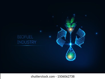 Futuristic design biofuel industry concept with glowing low polygonal green leaves, laboratory funnel, arrows and oil drop isolated on dark blue background. Modern wireframe design vector illustration