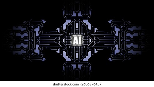Futuristic design of the CPU chip. Symmetrical pattern and cool shades create a cyberpunk style, emphasizing high technology and artificial intelligence.
