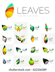 Futuristic design eco leaf logos set. Colorful abstract geometric leaves, green concepts
