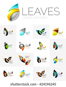 Futuristic design eco leaf logos set. Colorful abstract geometric leaves, green concepts