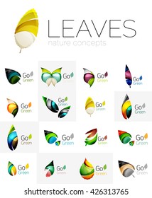Futuristic design eco leaf logos set. Colorful abstract geometric leaves, green concepts