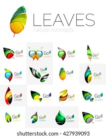 Futuristic design eco leaf logos set. Colorful abstract geometric leaves, green concepts