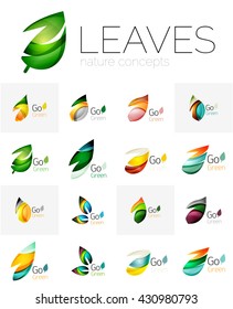 Futuristic design eco leaf logos set. Colorful abstract geometric leaves, green concepts