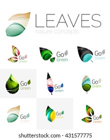 Futuristic design eco leaf logos set. Colorful abstract geometric leaves, green concepts