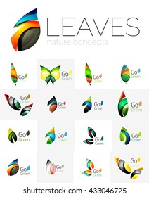 Futuristic design eco leaf logos set. Colorful abstract geometric leaves, green concepts