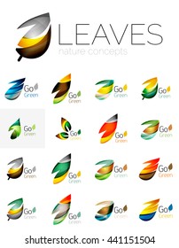 Futuristic design eco leaf logos set. Colorful abstract geometric leaves, green concepts