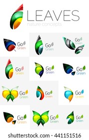 Futuristic design eco leaf logos set. Colorful abstract geometric leaves, green concepts