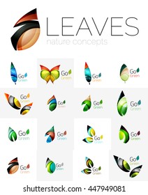 Futuristic design eco leaf logos set. Colorful abstract geometric leaves, green concepts