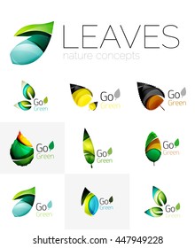 Futuristic design eco leaf logos set. Colorful abstract geometric leaves, green concepts