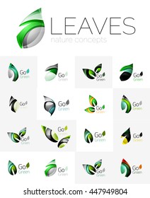 Futuristic design eco leaf logos set. Colorful abstract geometric leaves, green concepts