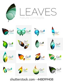 Futuristic design eco leaf logos set. Colorful abstract geometric leaves, green concepts