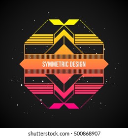 Futuristic design element in 80s style with colorful gradient on dark background. Useful as poster or print.