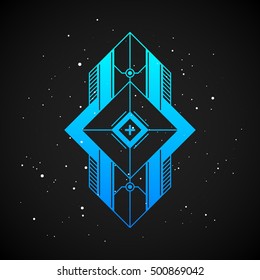 Futuristic design element in 80s style with colorful gradient on dark background. Useful as poster or print.