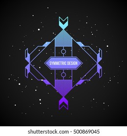 Futuristic design element in 80s style with colorful gradient on dark background. Useful as poster or print.